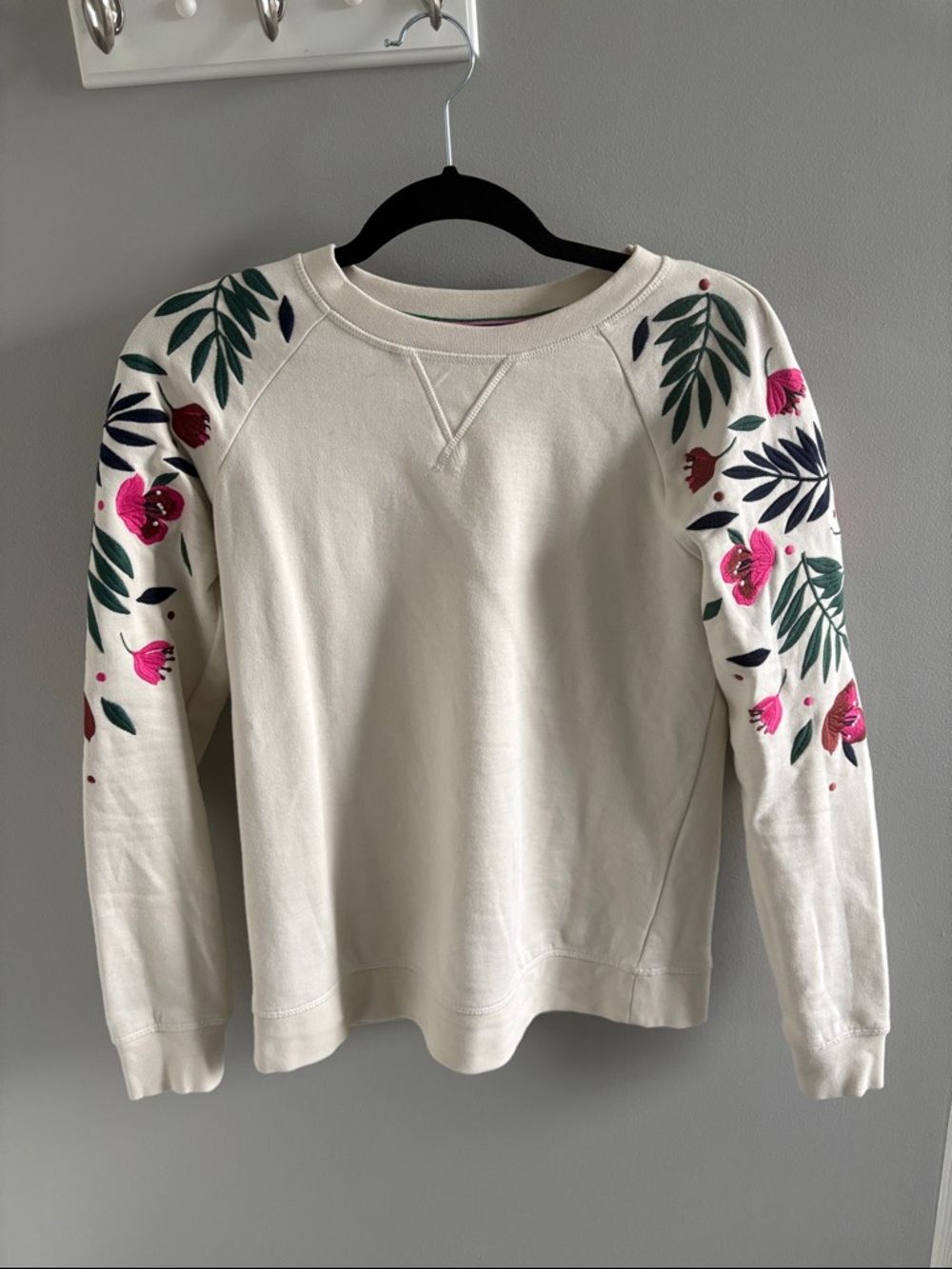 Boden Cream Crewneck Sweatshirt with Pink Floral Sleeve Embroidery
